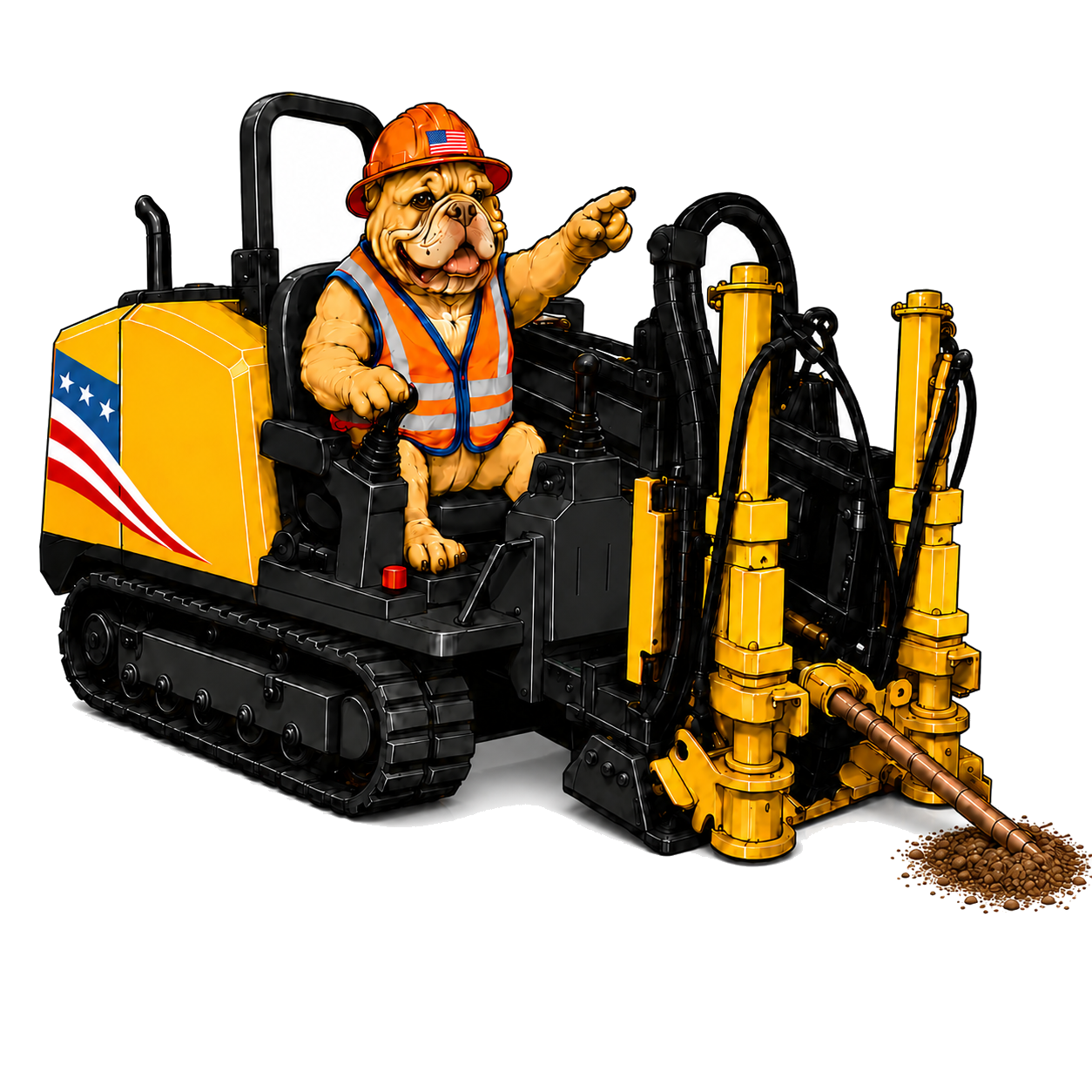 JA Beyond Ground Inc. — bulldog mascot operating a Vermeer directional drill